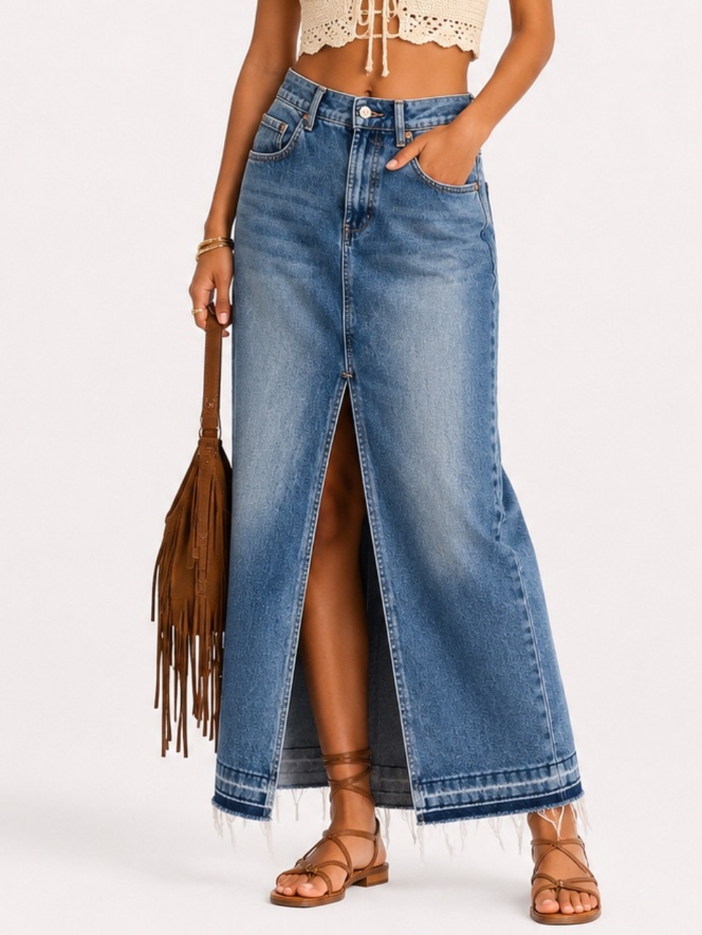 Vintage Denim Maxi Skirt with Front Slit